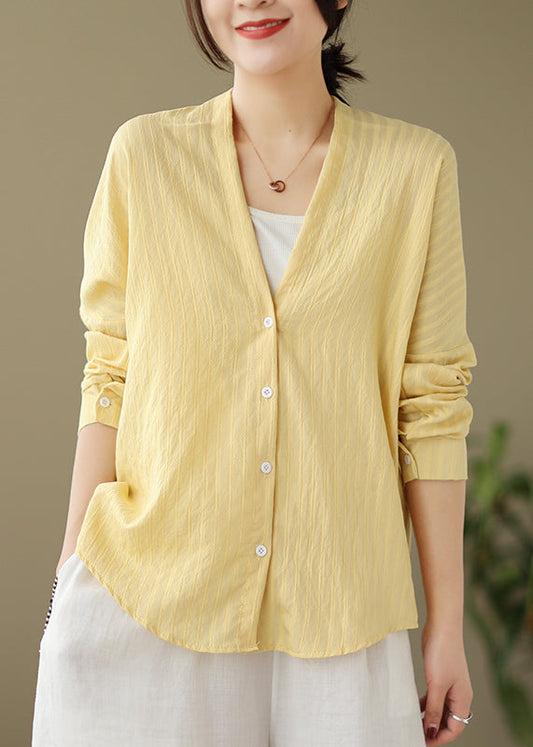 Loose Yellow V Neck Button Patchwork Cotton Shirts Coat Fall