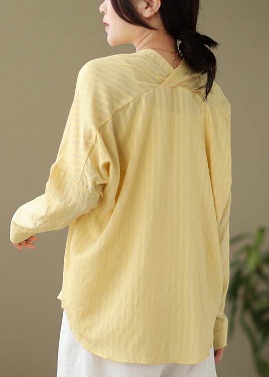 Loose Yellow V Neck Button Patchwork Cotton Shirts Coat Fall