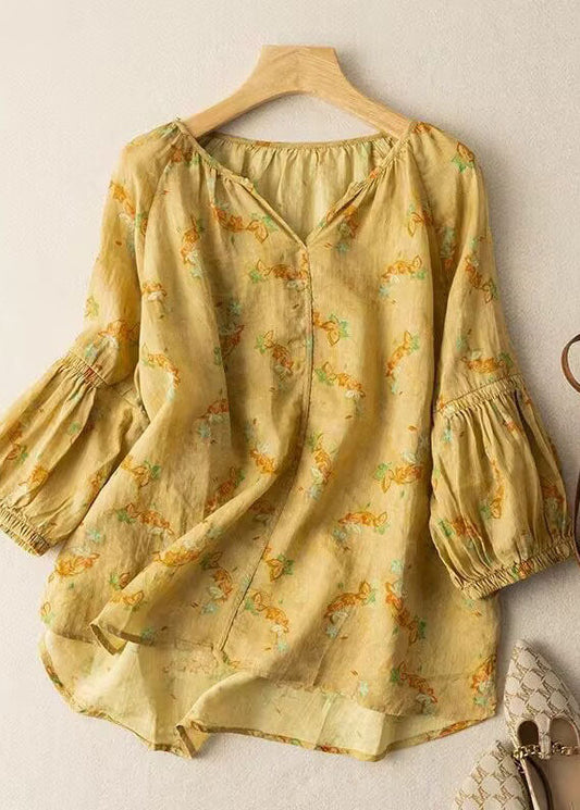 Loose Yellow V Neck Print Patchwork Cotton Shirts Bracelet Sleeve