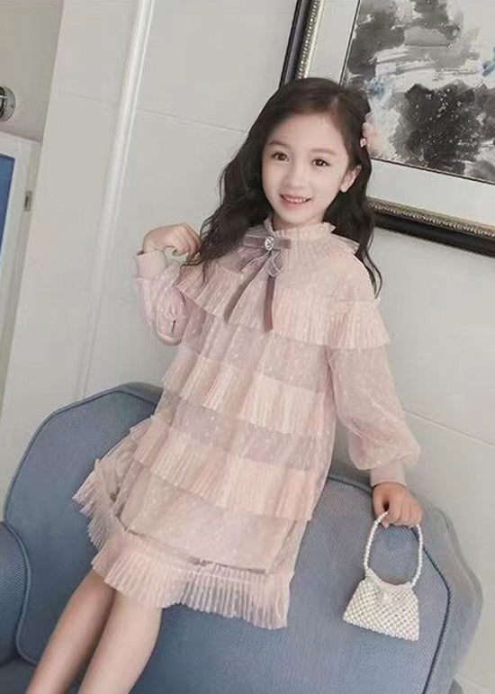 Lovely Pink Ruffled Patchwork Warm Fleece Kids Girls Dress Fall