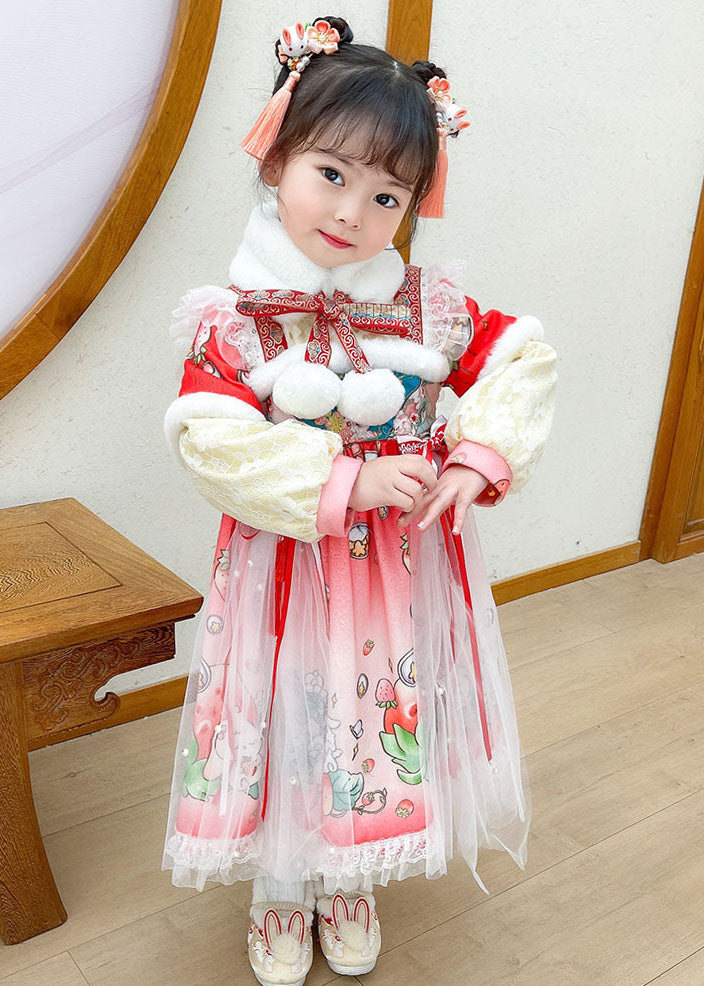 Lovely Steawberry Rabbit Print Patchwork Warm Fleece Kids Tulle Long Dress Long Sleeve