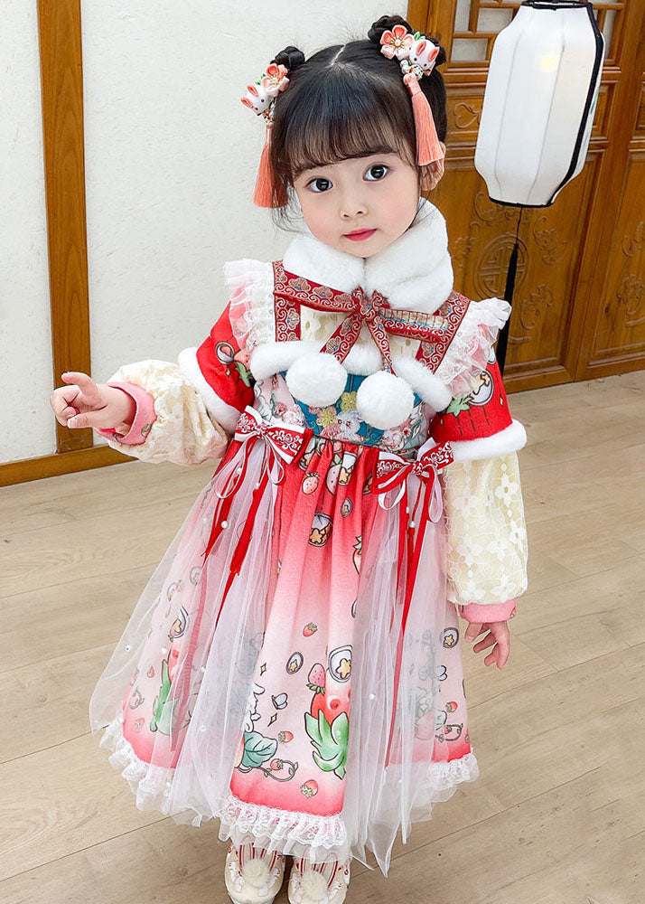 Lovely Steawberry Rabbit Print Patchwork Warm Fleece Kids Tulle Long Dress Long Sleeve