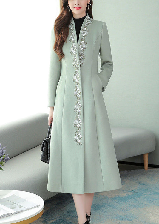 Mint Green Embroidered Floral Woolen Maxi Trench Coat Long Sleeve