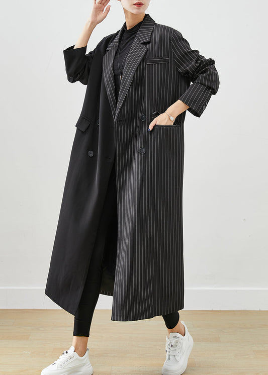 Modern Black Asymmetrical Striped Spandex Trench Fall