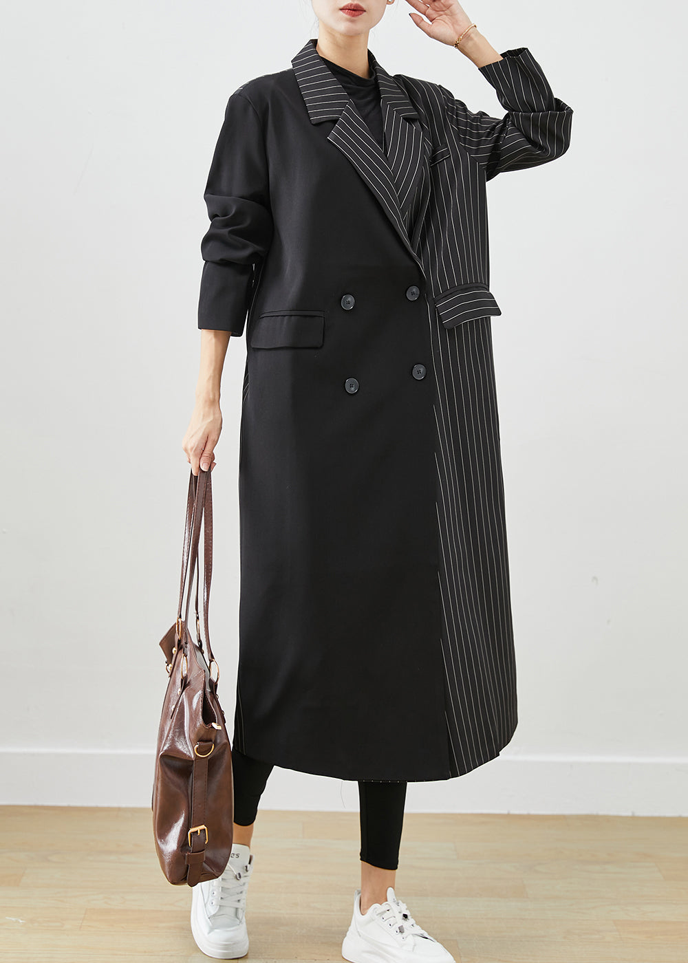 Modern Black Asymmetrical Striped Spandex Trench Fall