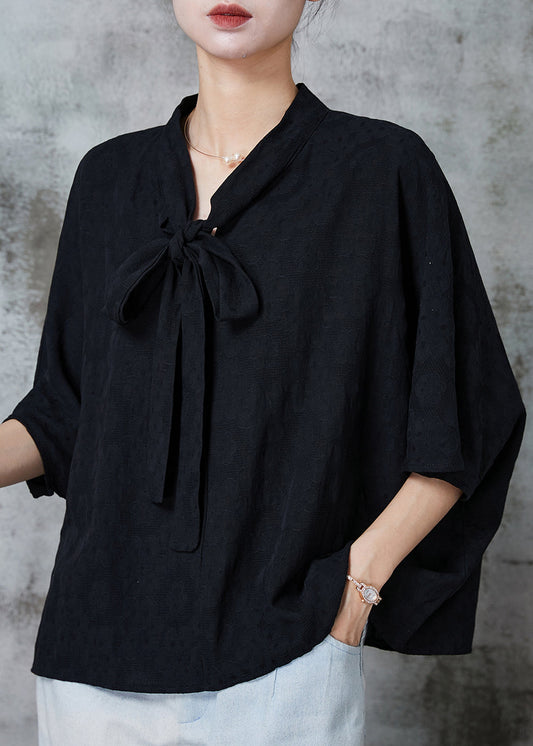 Modern Black Bow Jacquard Cotton Shirt Top Summer