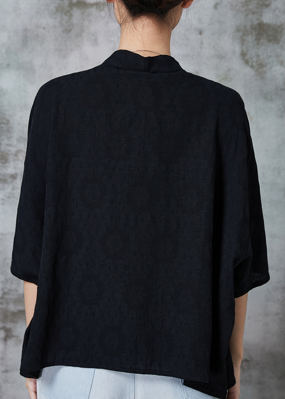 Modern Black Bow Jacquard Cotton Shirt Top Summer