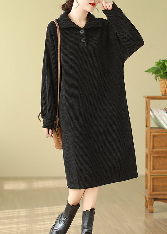 Modern Black Hign Neck Button Versatile Corduroy Dresses Fall