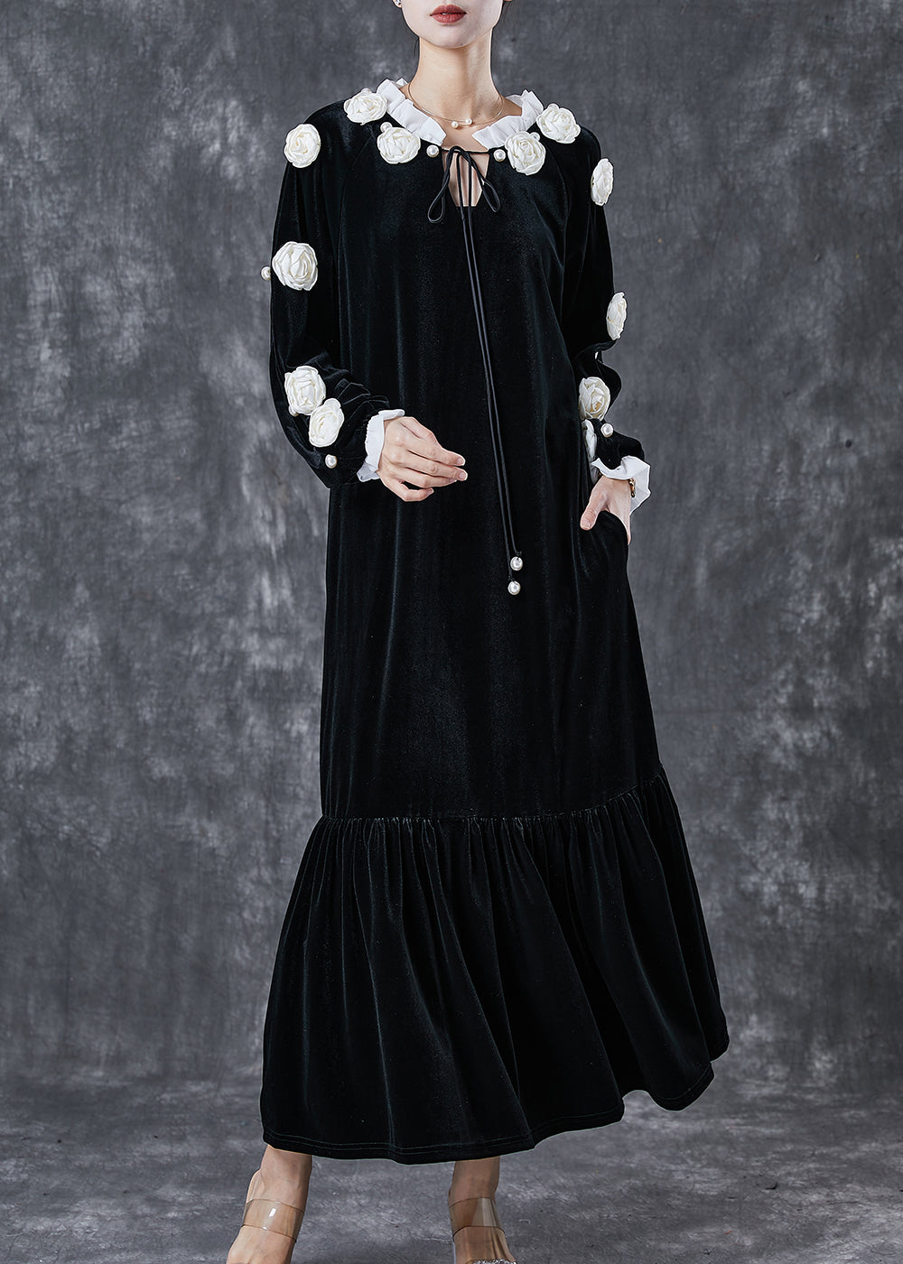 Modern Black Lace Up Floral Silk Velour Maxi Dress Spring