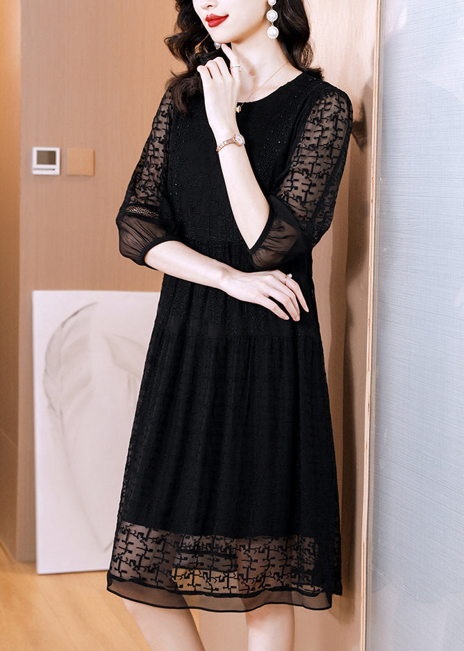 Modern Black O Neck Embroidered Patchwork Silk Mid Dress Fall