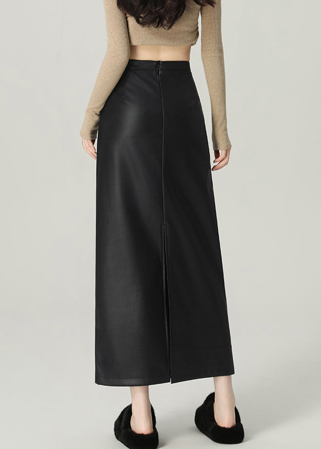 Modern Black Zippered Side Open Faux Leather Skirts Winter