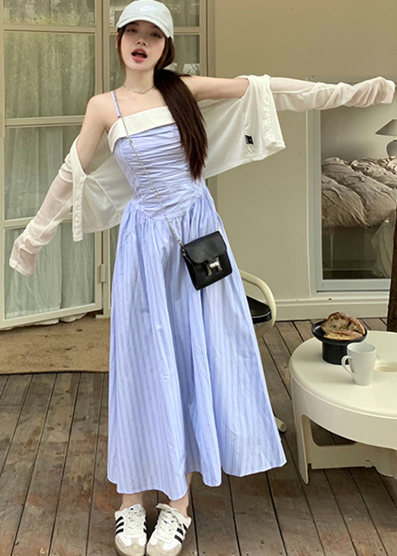 Modern Blue Slash Neck Striped Patchwork Maxi Spaghetti Strap Dresses Sleeveless