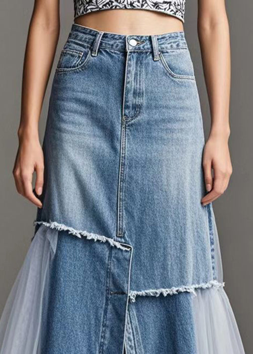 Modern Blue Tulle Patchwork Side Open Denim Skirt Spring