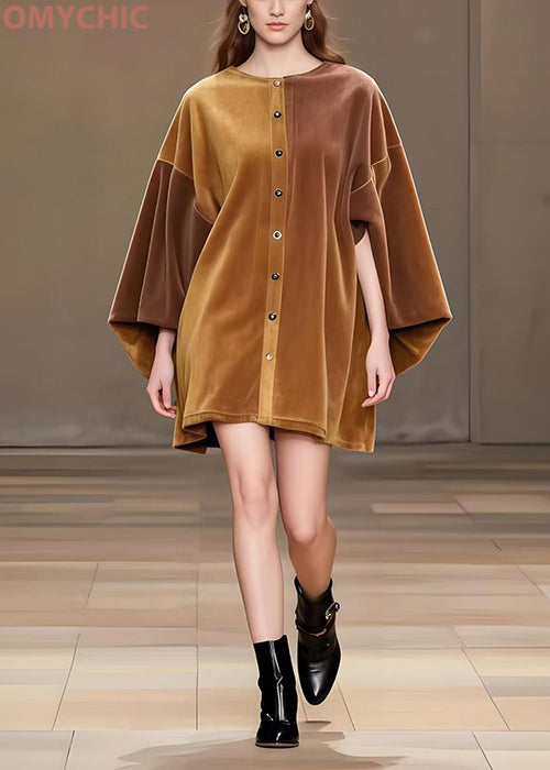 Modern Brown Oversized Corduroy Minin Dress Lantern Sleeve