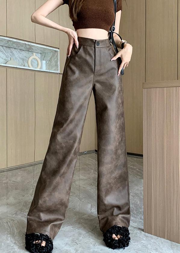 Modern Brown Pockets High Waist Faux Leather Pants Fall