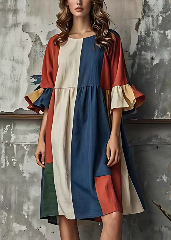 Modern Colorblock Asymmetrical Patchwork Cotton Dress Flare Sleeve