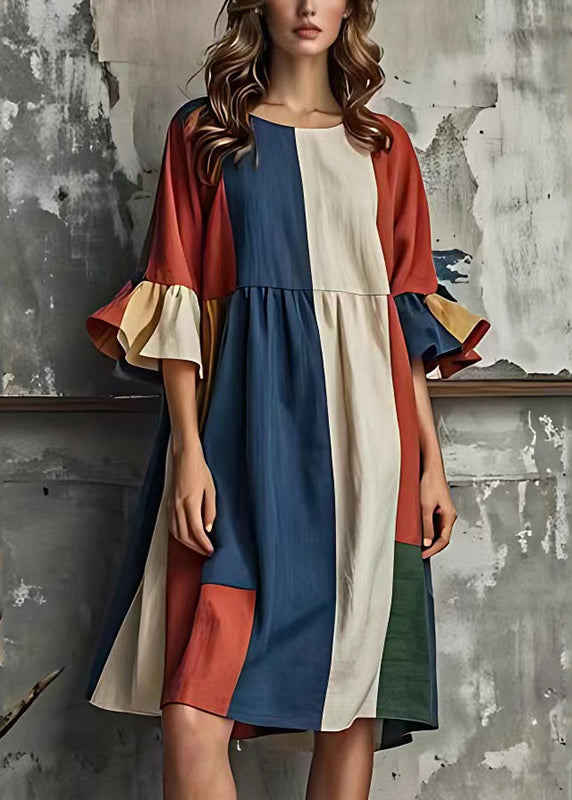 Modern Colorblock Asymmetrical Patchwork Cotton Dress Flare Sleeve