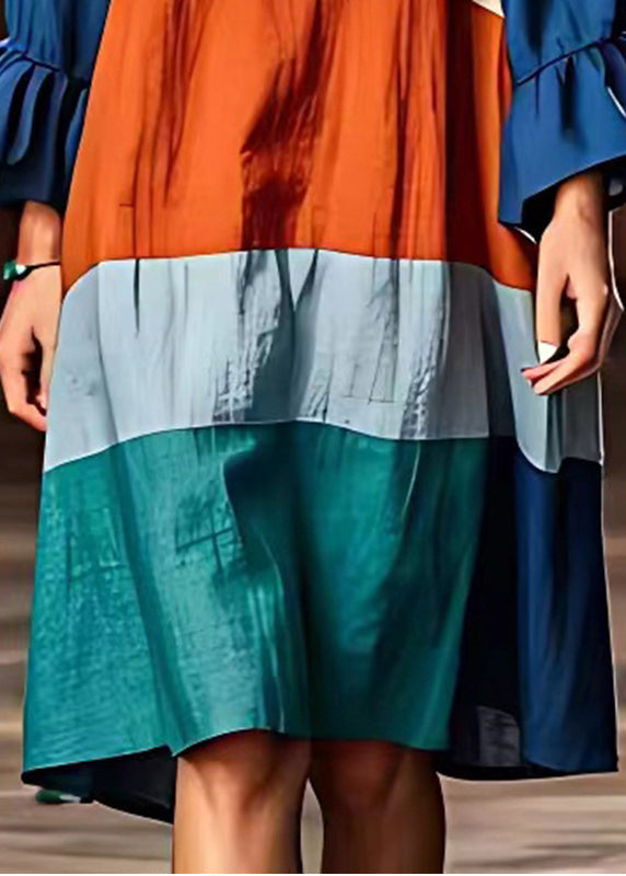 Modern Colorblock Layered Patchwork Cotton Dresses Flare Sleeve