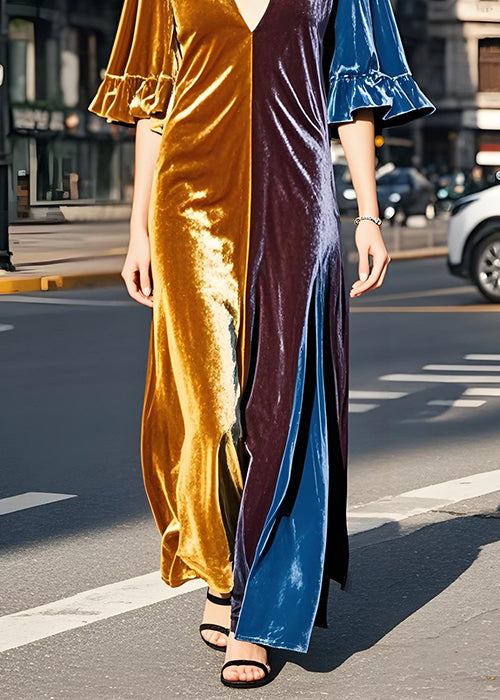 Modern Colorblock V Neck Velvet Long Dresses Butterfly Sleeve