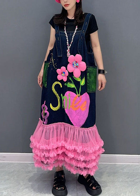 Modern Dark Blue Patchwork Pink Tulle Patchwork Floral Maxi Dresses Sleeveless