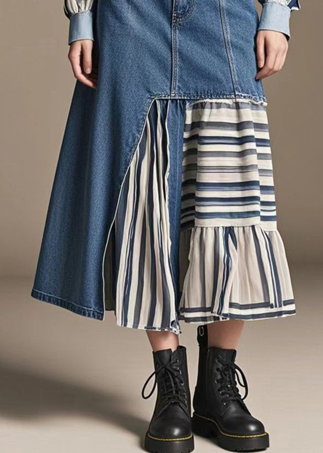 Modern Denim Blue Asymmetrical Patchwork Contton Skirts Spring