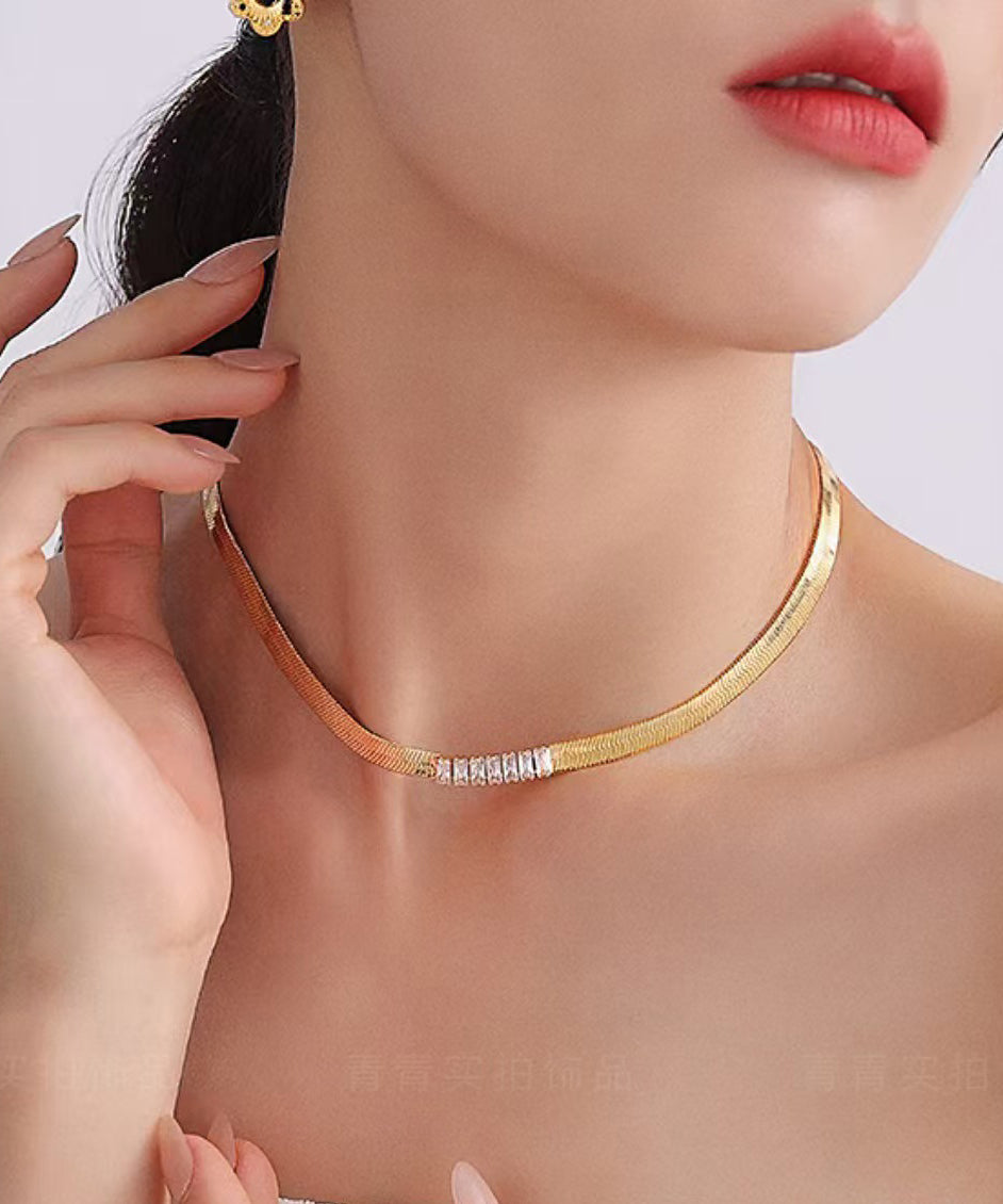 Modern Gold Stainless Steel Zircon Princess Necklace