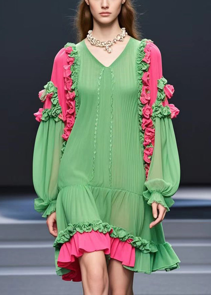 Modern Grass Green Ruffled Floral Chiffon Tea Dresses Fall