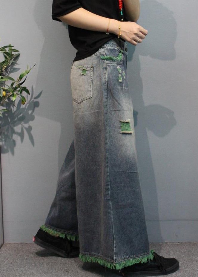 Modern Green Pockets High Waist Denim Wide Leg Pants Summer