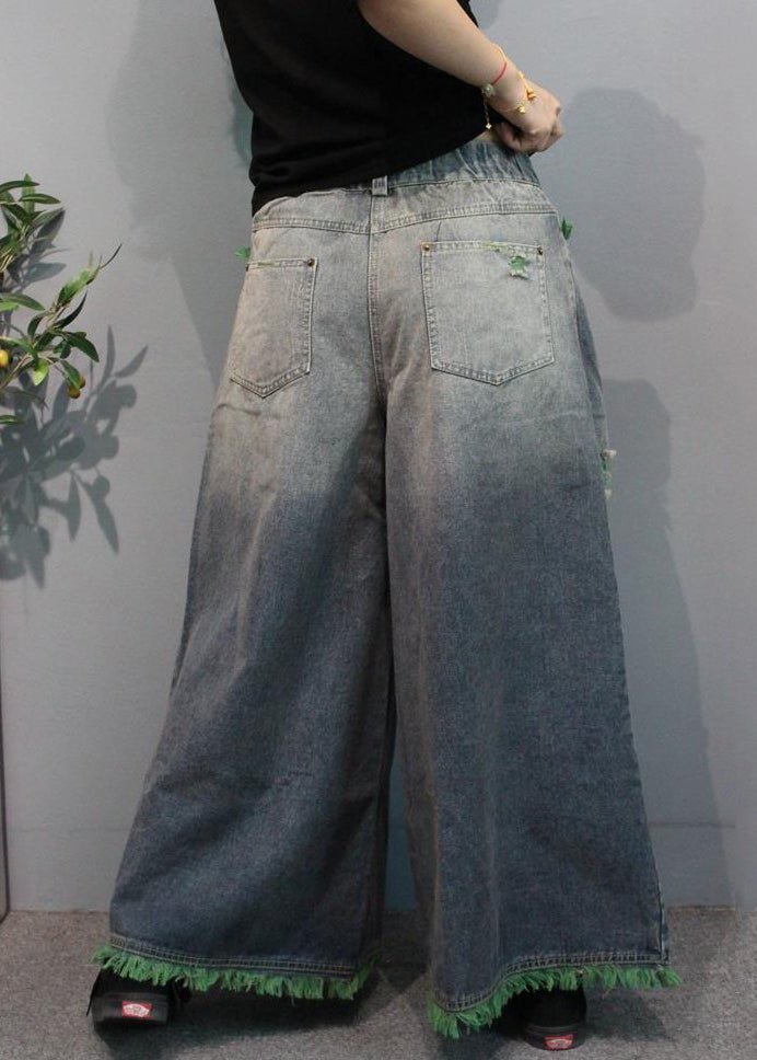 Modern Green Pockets High Waist Denim Wide Leg Pants Summer