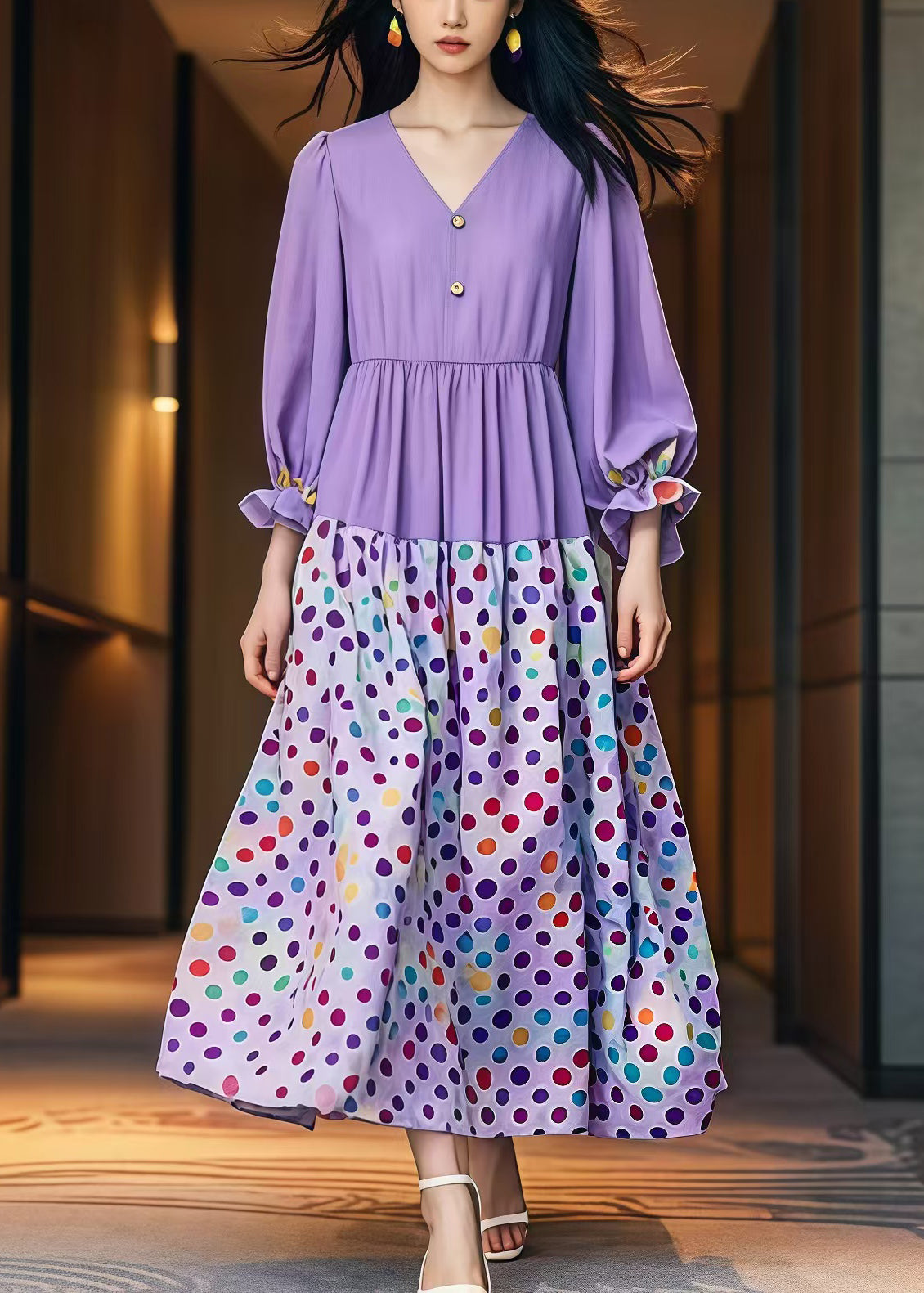 Modern Lavender Oversized Print Cotton Dresses Fall