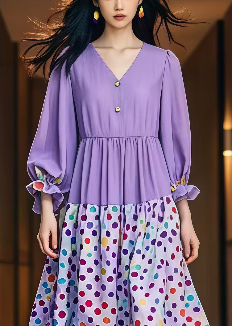 Modern Lavender Oversized Print Cotton Dresses Fall