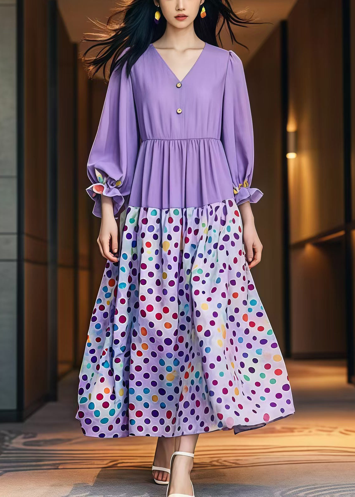 Modern Lavender Oversized Print Cotton Dresses Fall