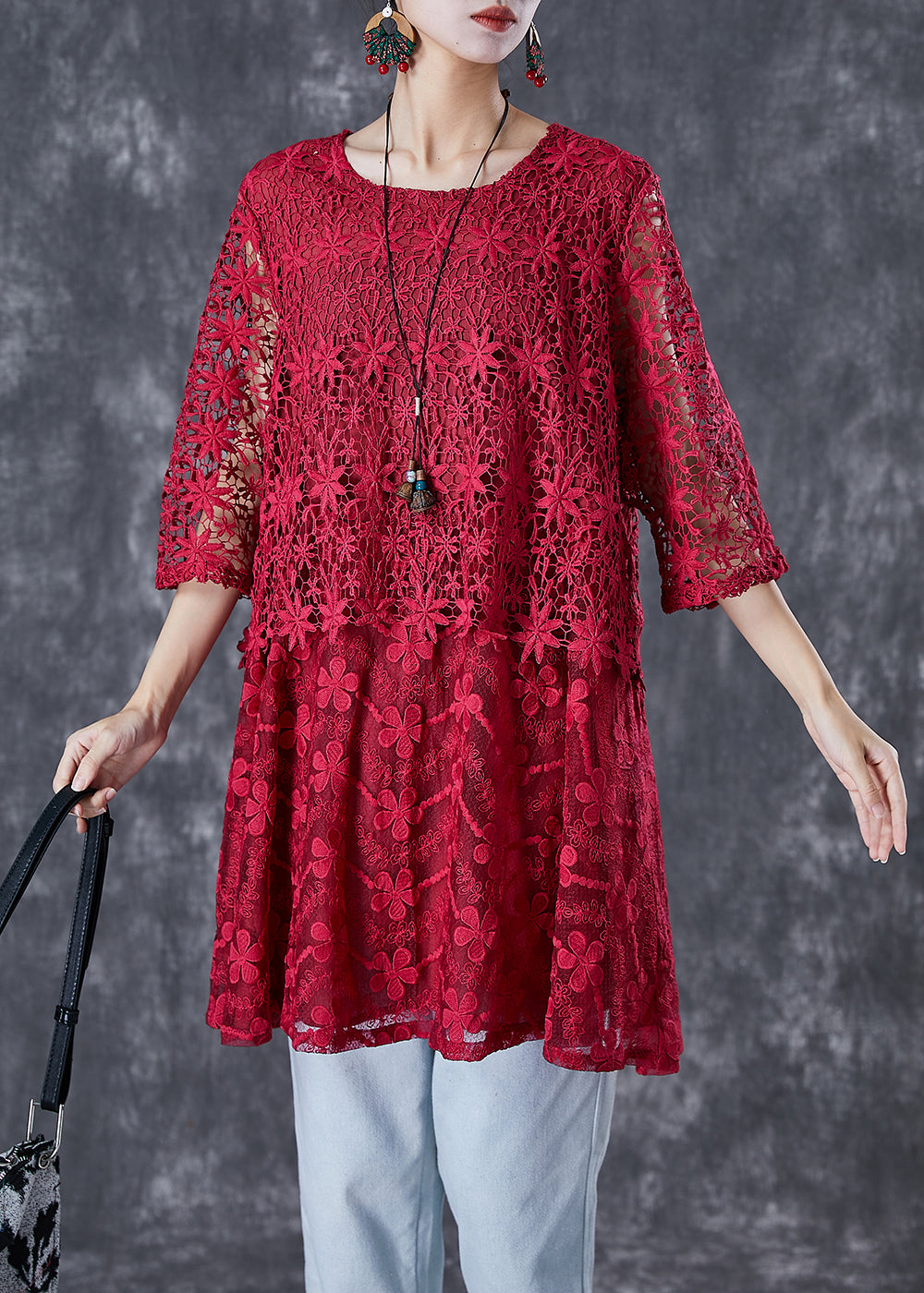 Modern Mulberry Hollow Out Patchwork Lace Blouse Tops Summer