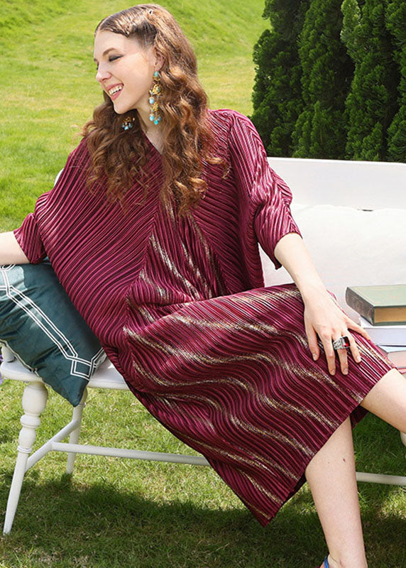 Modern Mulberry V Neck Striped Wrinkled Maxi Dresses Fall