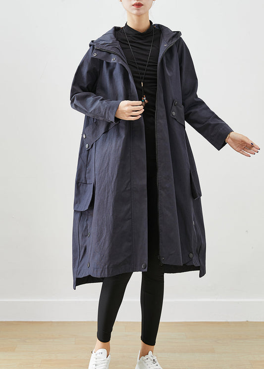 Modern Navy Oversized Patchwork Pockets Cotton Coat Outwear Fall