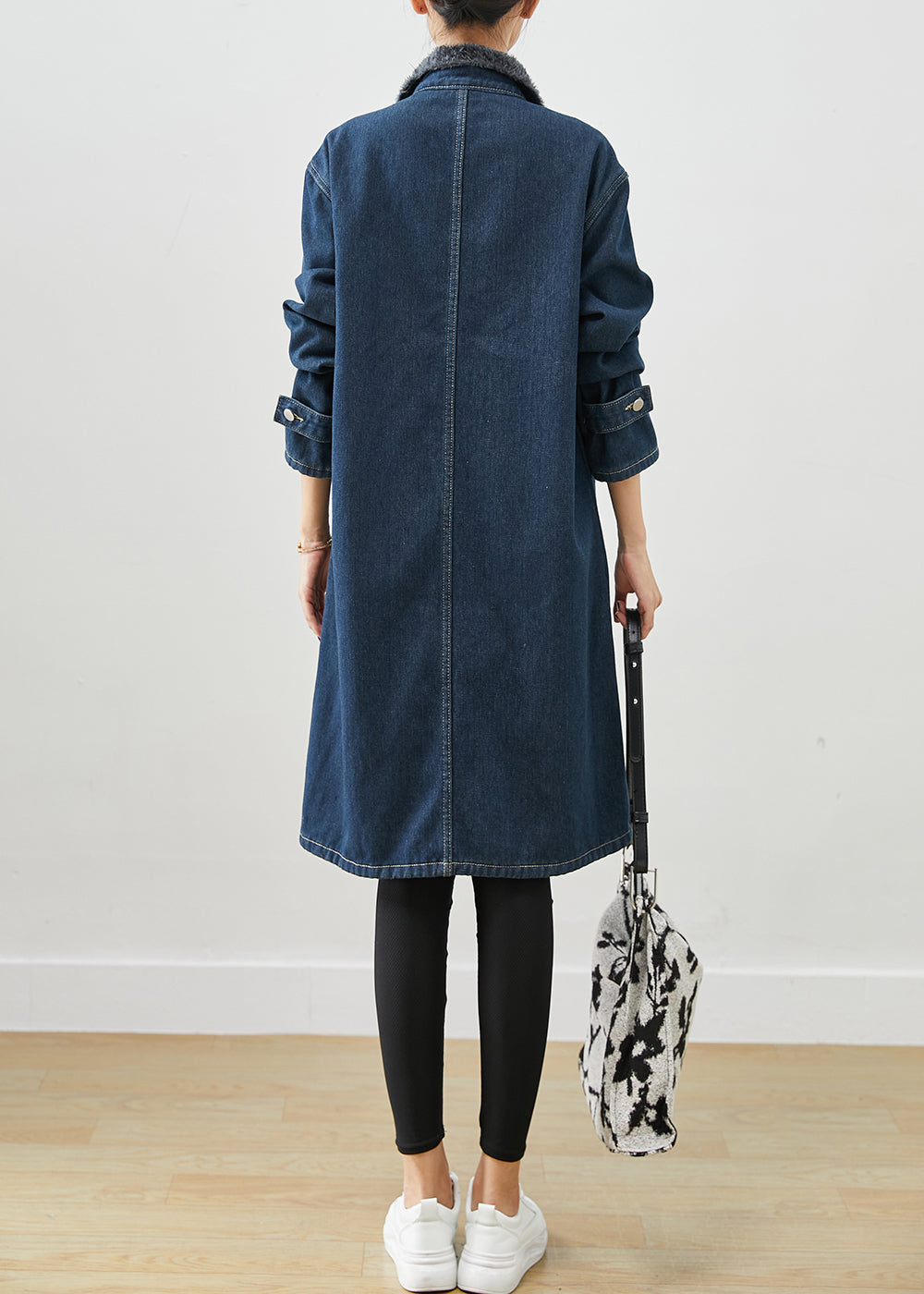 Modern Navy Peter Pan Collar Pockets Warm Fleece Denim Coats Winter