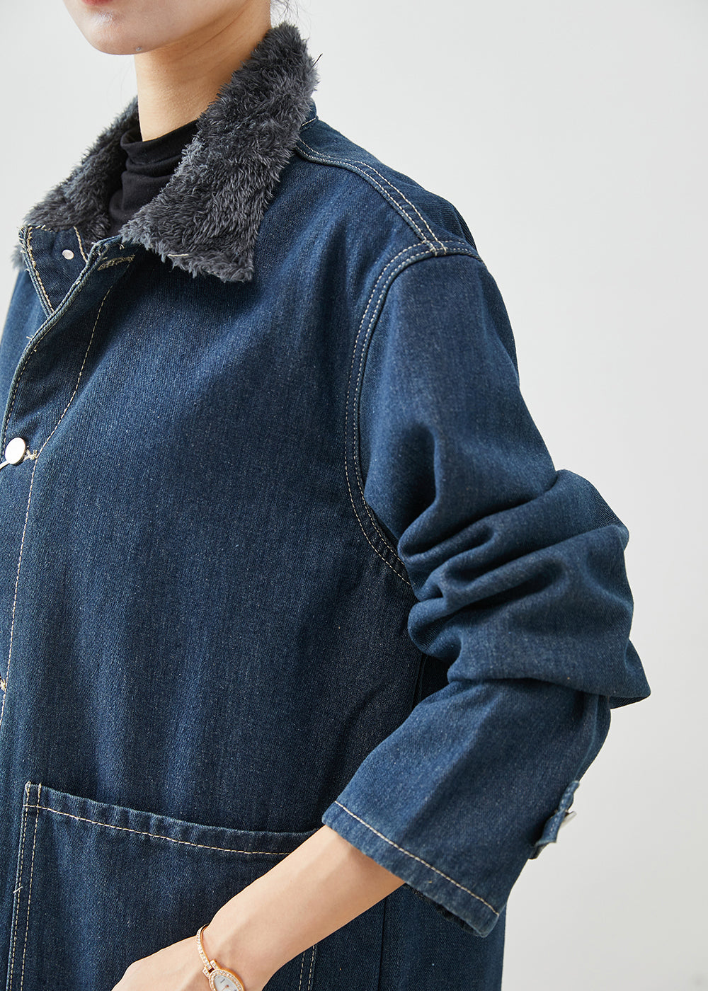 Modern Navy Peter Pan Collar Pockets Warm Fleece Denim Coats Winter