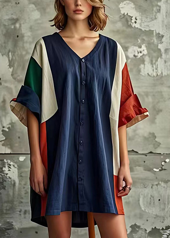 Modern Navy V Neck Patchwork Linen Mini Dresses Summer