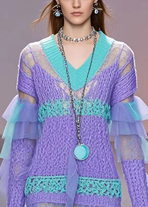 Modern Purple Hollow Out Patchwork Knit Sweater Fall