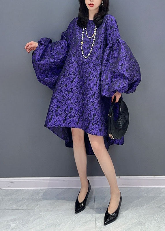 Modern Purple O Neck Wrinkled Patchwork Cotton Dress Lantern Sleeve