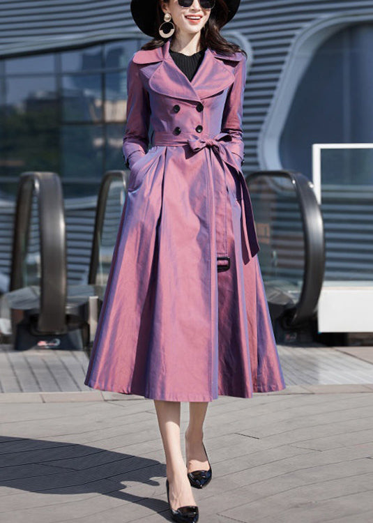 Modern Purple Tie Waist Button Cotton Long Trench Coat Long Sleeve