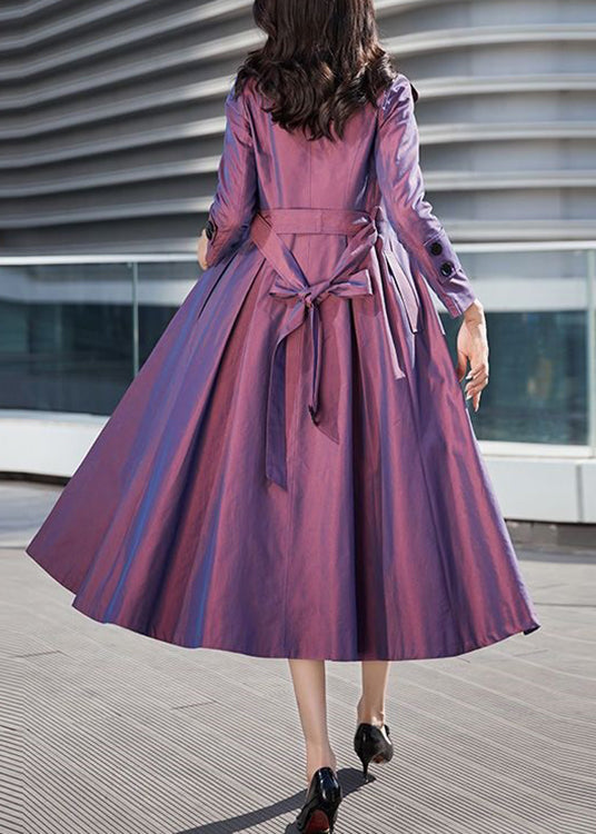 Modern Purple Tie Waist Button Cotton Long Trench Coat Long Sleeve