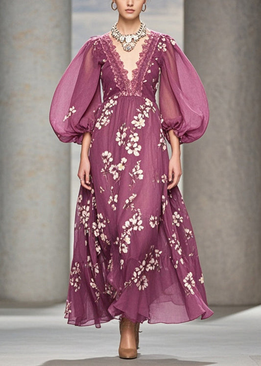 Modern Purple V Neck Print Chiffon Long Dress Puff Sleeve