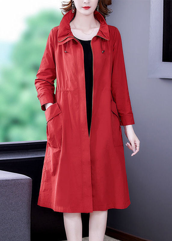 Modern Red Stand Collar Zip Up Silk Coat Outwear Long Sleeve