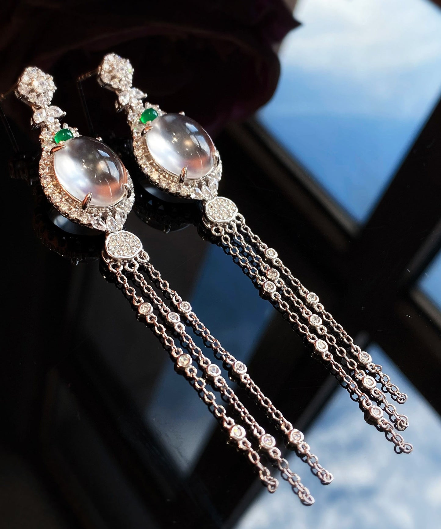 Modern Silk Sterling Silver Overgild Zircon Jade Tassel Drop Earrings