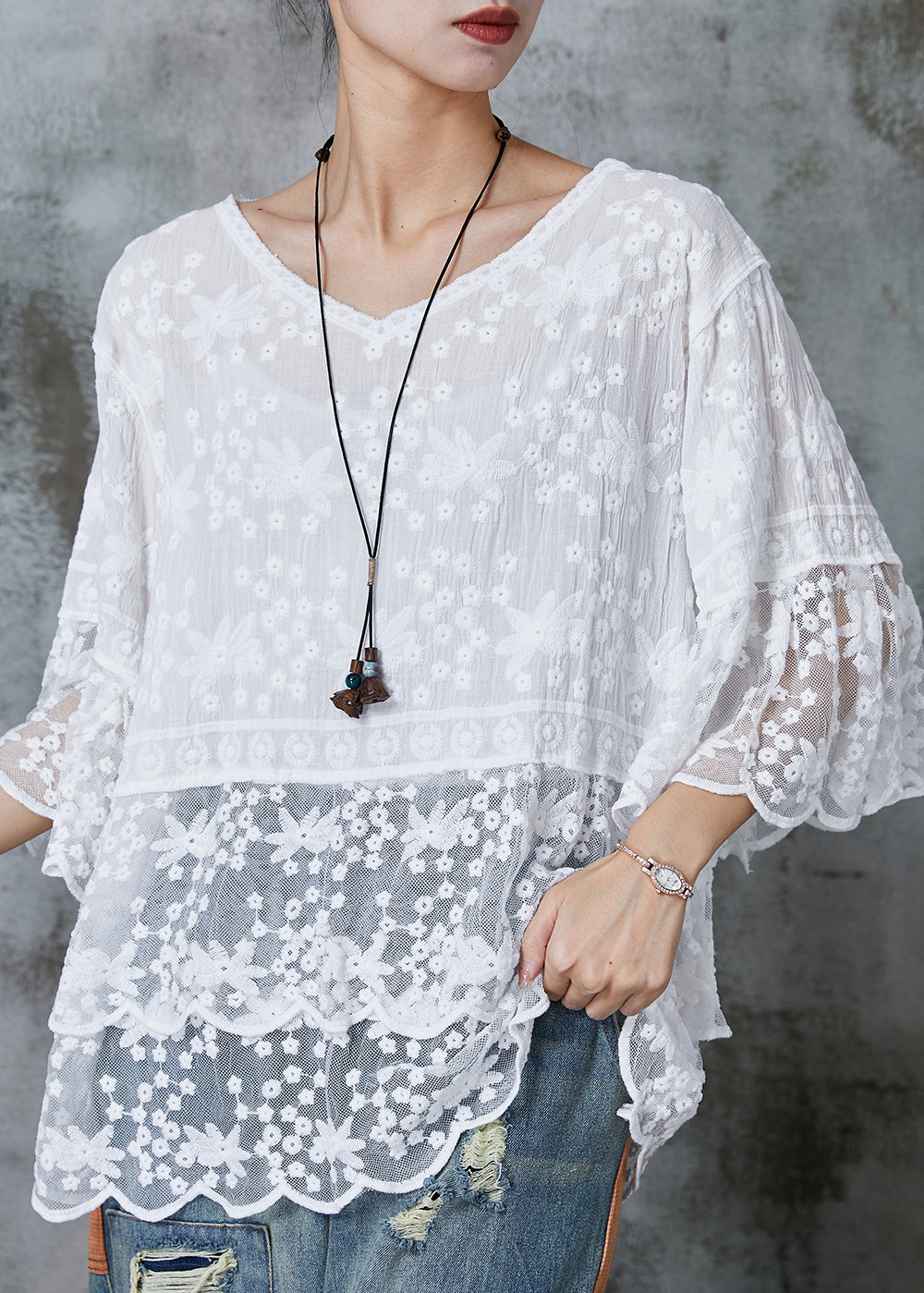 Modern White Embroidered Lace Shirts Half Sleeve