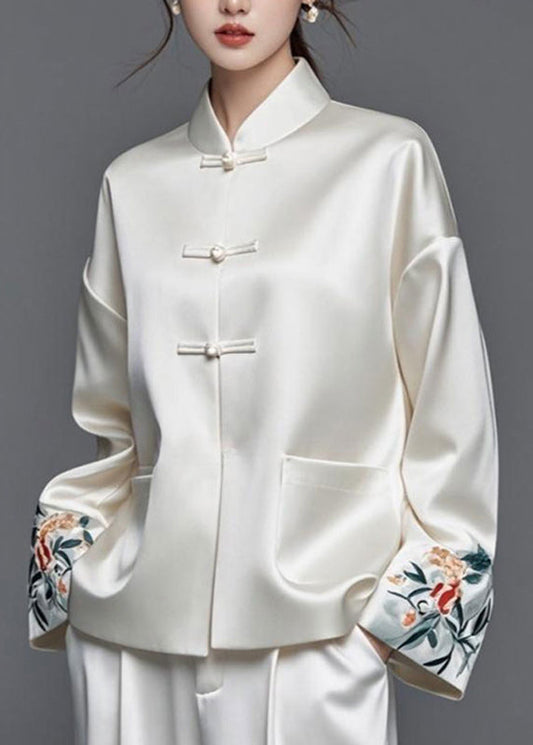 Modern White Embroidered Patchwork Silk Cotton Fall Coats