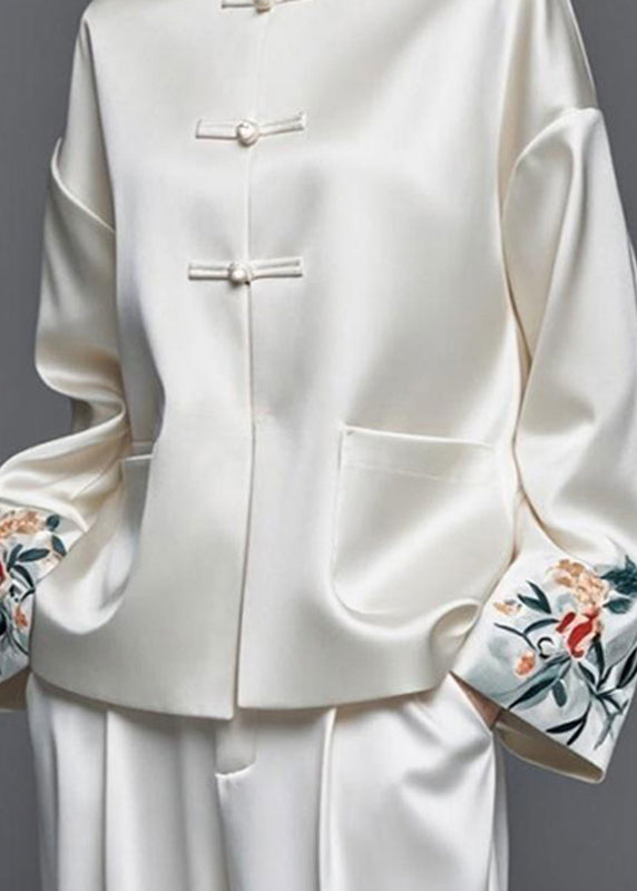 Modern White Embroidered Patchwork Silk Cotton Fall Coats