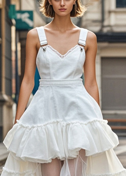 Modern White V Neck Patchwork Organza Denim Dress Summer