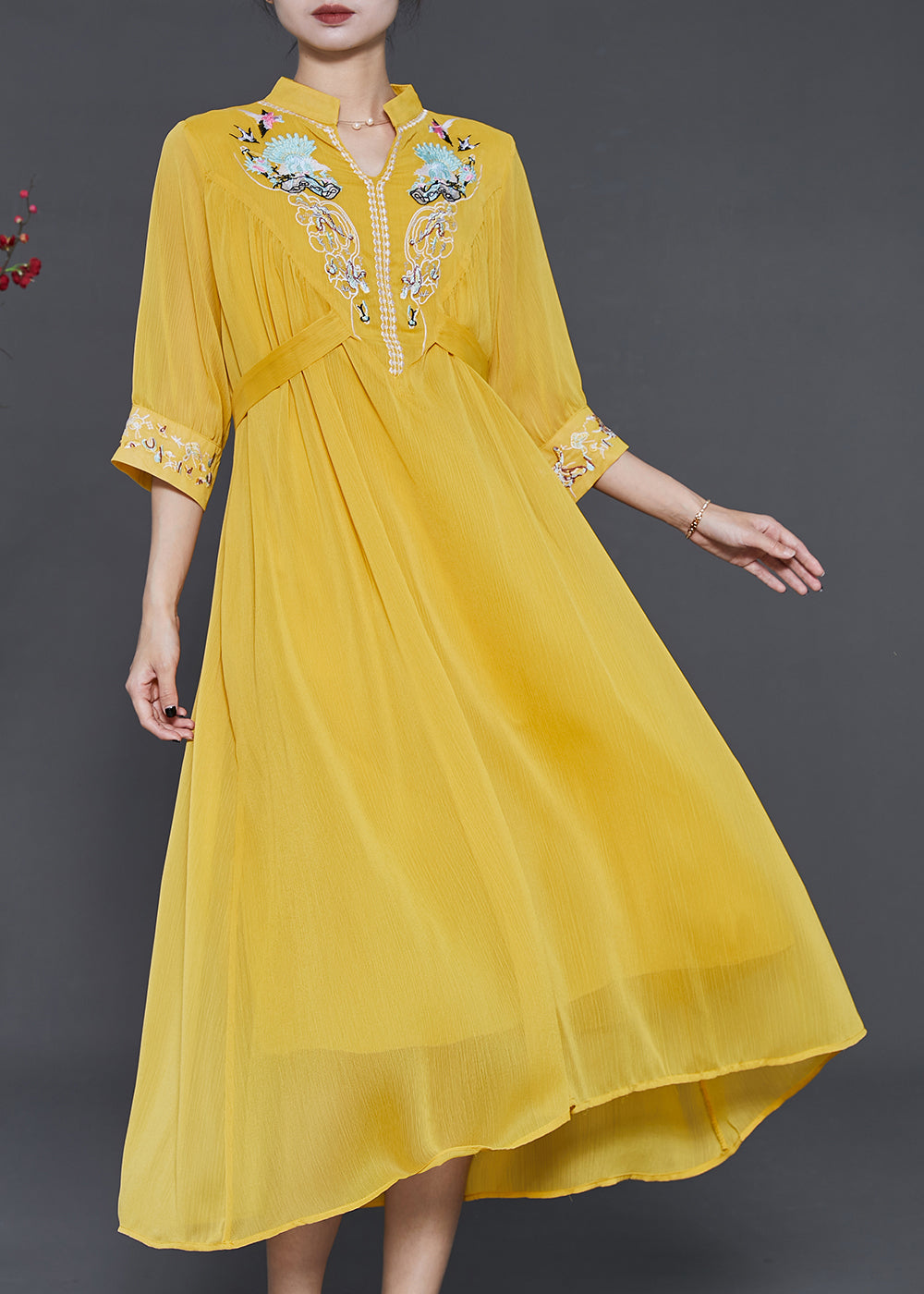 Modern Yellow Stand Collar Embroidered Beach Dresses Summer